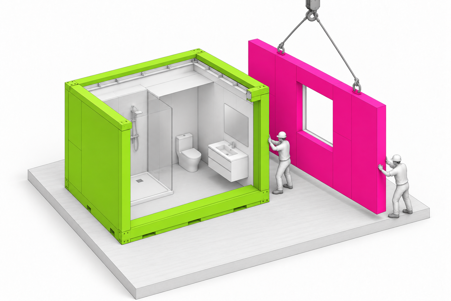 Lime-green modular bathroom pod beside a pink wall panel being lifted into place